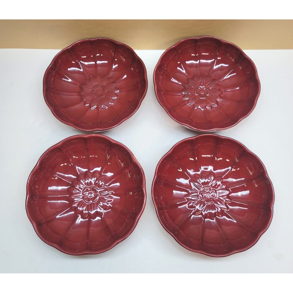 Set of 4 Better Homes & Gardens Home Interiors Cranberry Scalloped Floral Bowls‎